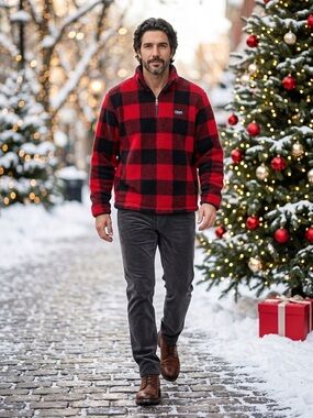 Chaps Mens M Quarter Zip Fleece Sherpa Pullover Shirt Red Black Buffalo Plaid